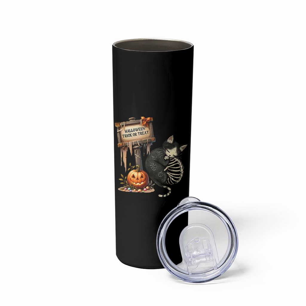 Halloween Trick Or Treat Black Cat Skeleton Halloween Skinny Tumbler