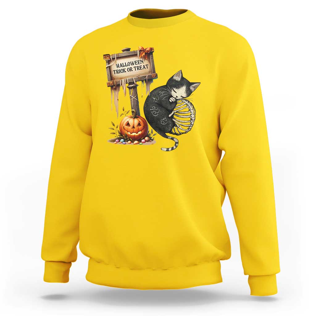 Halloween Trick Or Treat Black Cat Skeleton Sweatshirt - Wonder Print Shop