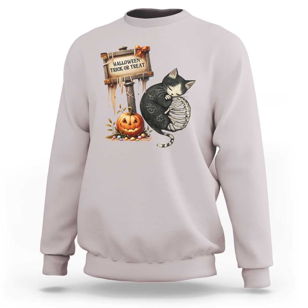 Halloween Trick Or Treat Black Cat Skeleton Sweatshirt - Wonder Print Shop