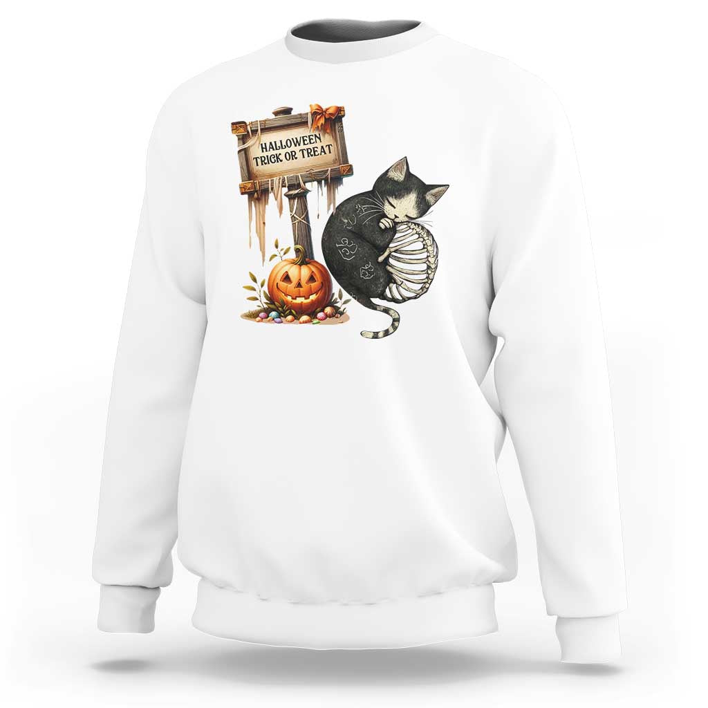 Halloween Trick Or Treat Black Cat Skeleton Sweatshirt - Wonder Print Shop