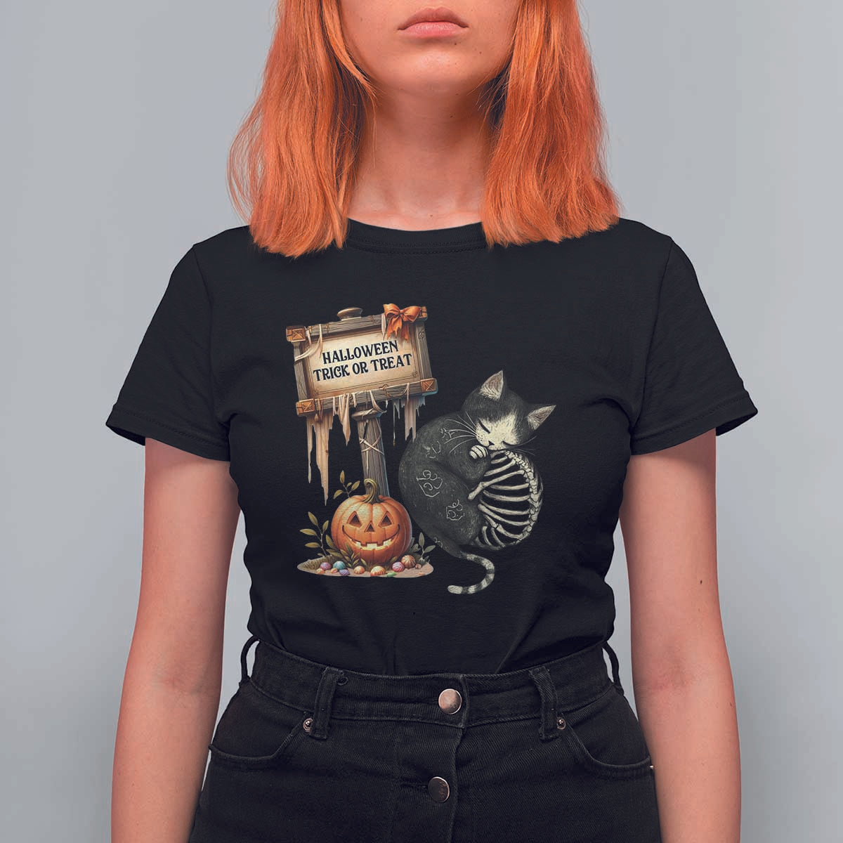 Halloween Trick Or Treat Black Cat Skeleton T Shirt For Women - Wonder Print Shop