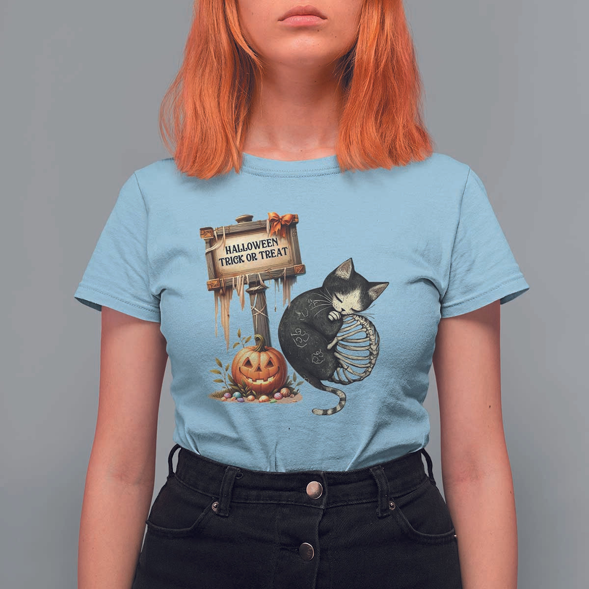 Halloween Trick Or Treat Black Cat Skeleton T Shirt For Women - Wonder Print Shop