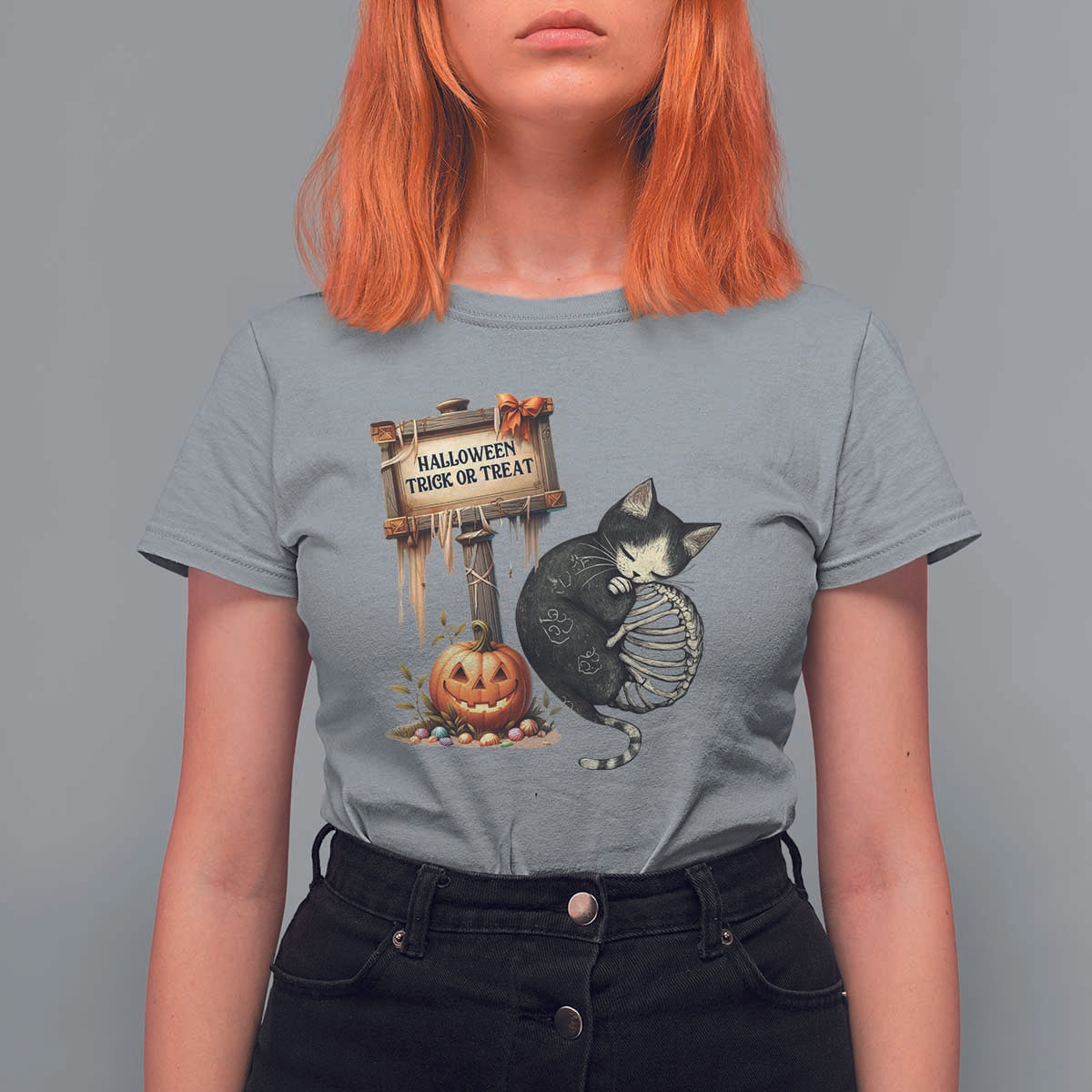 Halloween Trick Or Treat Black Cat Skeleton T Shirt For Women - Wonder Print Shop