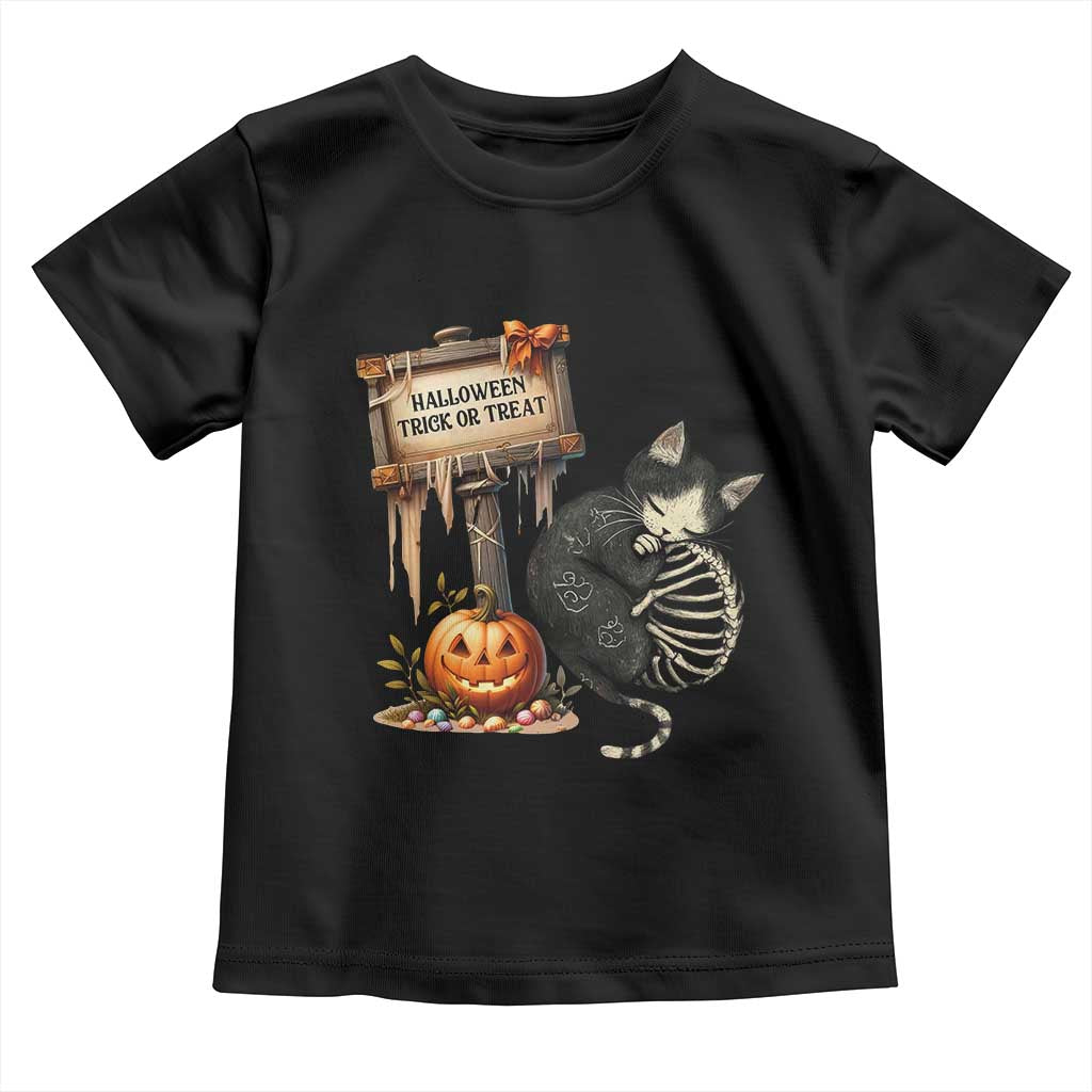 Halloween Trick Or Treat Black Cat Skeleton Toddler T Shirt - Wonder Print Shop