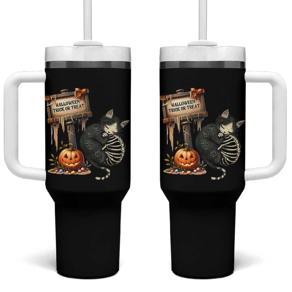 Halloween Trick Or Treat Black Cat Skeleton Halloween Tumbler With Handle