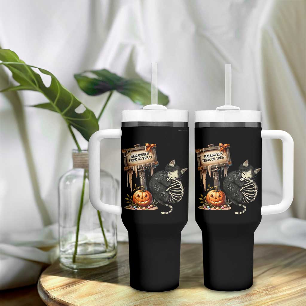 Halloween Trick Or Treat Black Cat Skeleton Halloween Tumbler With Handle