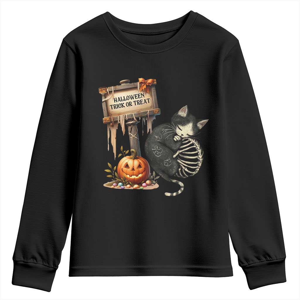 Halloween Trick Or Treat Black Cat Skeleton Youth Sweatshirt - Wonder Print Shop
