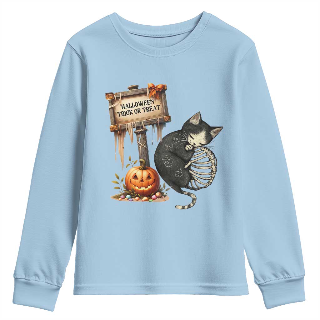 Halloween Trick Or Treat Black Cat Skeleton Youth Sweatshirt - Wonder Print Shop