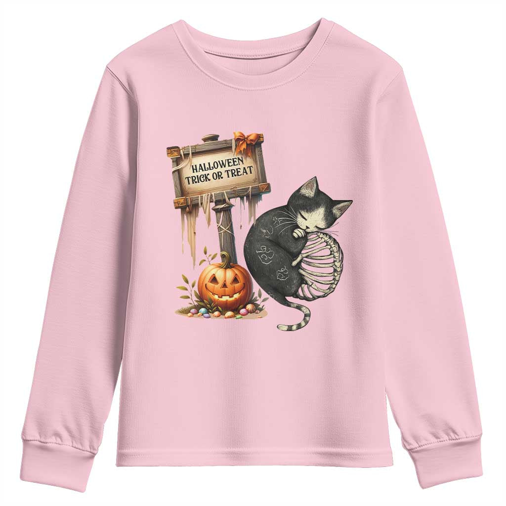 Halloween Trick Or Treat Black Cat Skeleton Youth Sweatshirt - Wonder Print Shop