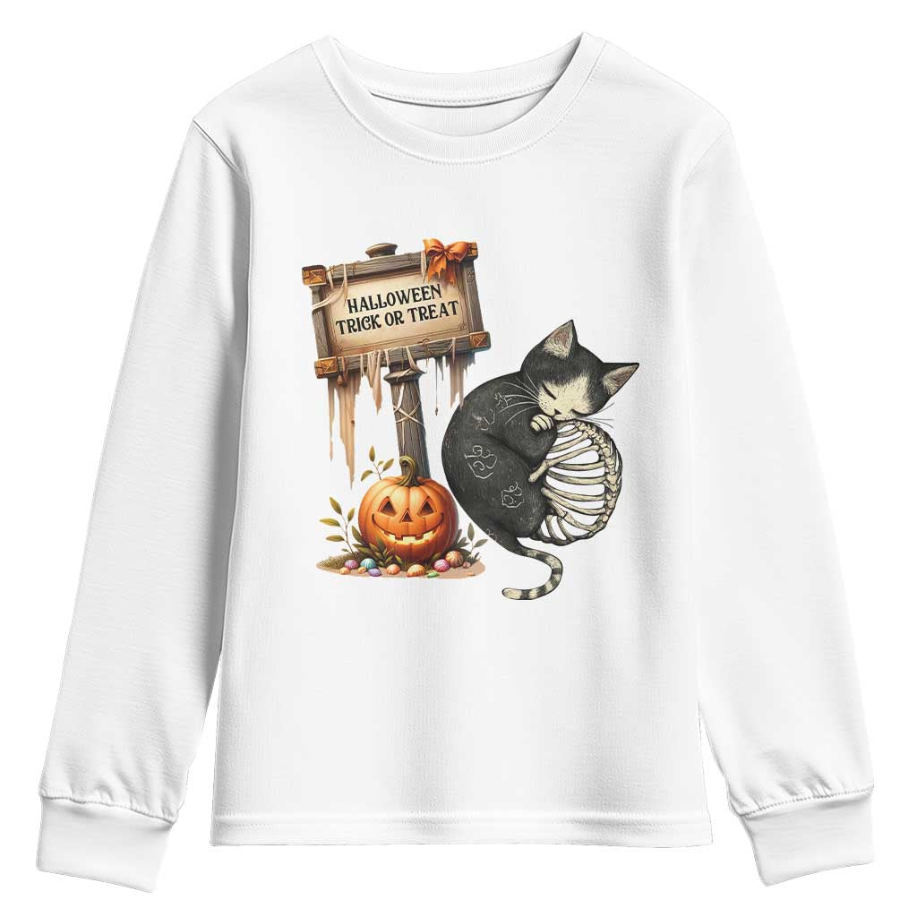 Halloween Trick Or Treat Black Cat Skeleton Youth Sweatshirt - Wonder Print Shop