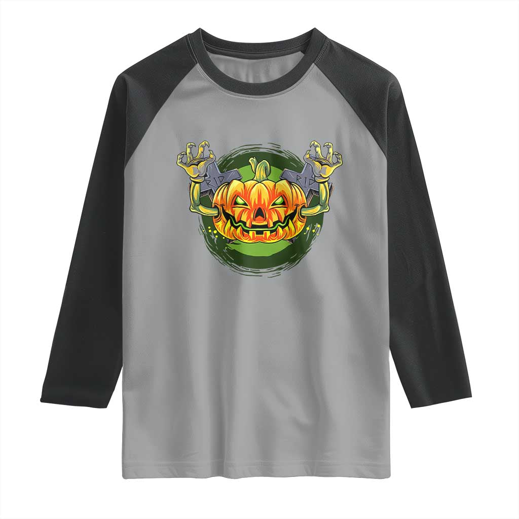 Funny Halloween Pumpkin Ghoul Raglan Shirt Scary Zombie Hands - Wonder Print Shop