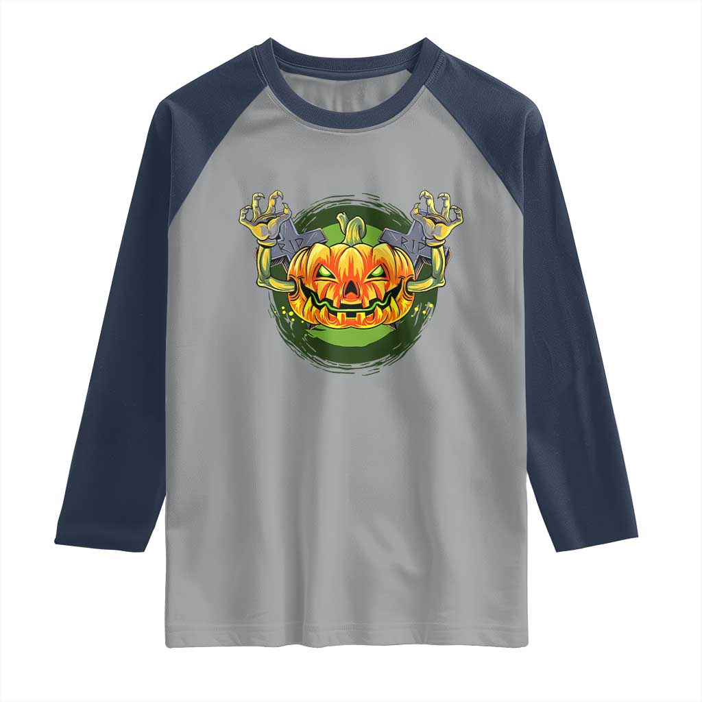 Funny Halloween Pumpkin Ghoul Raglan Shirt Scary Zombie Hands - Wonder Print Shop