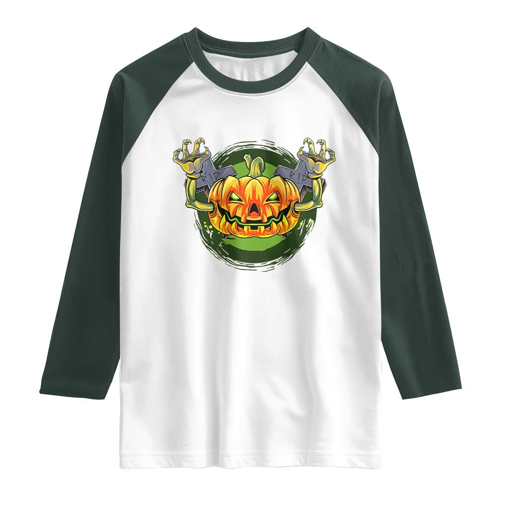 Funny Halloween Pumpkin Ghoul Raglan Shirt Scary Zombie Hands - Wonder Print Shop