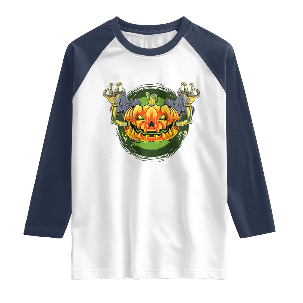Funny Halloween Pumpkin Ghoul Raglan Shirt Scary Zombie Hands - Wonder Print Shop