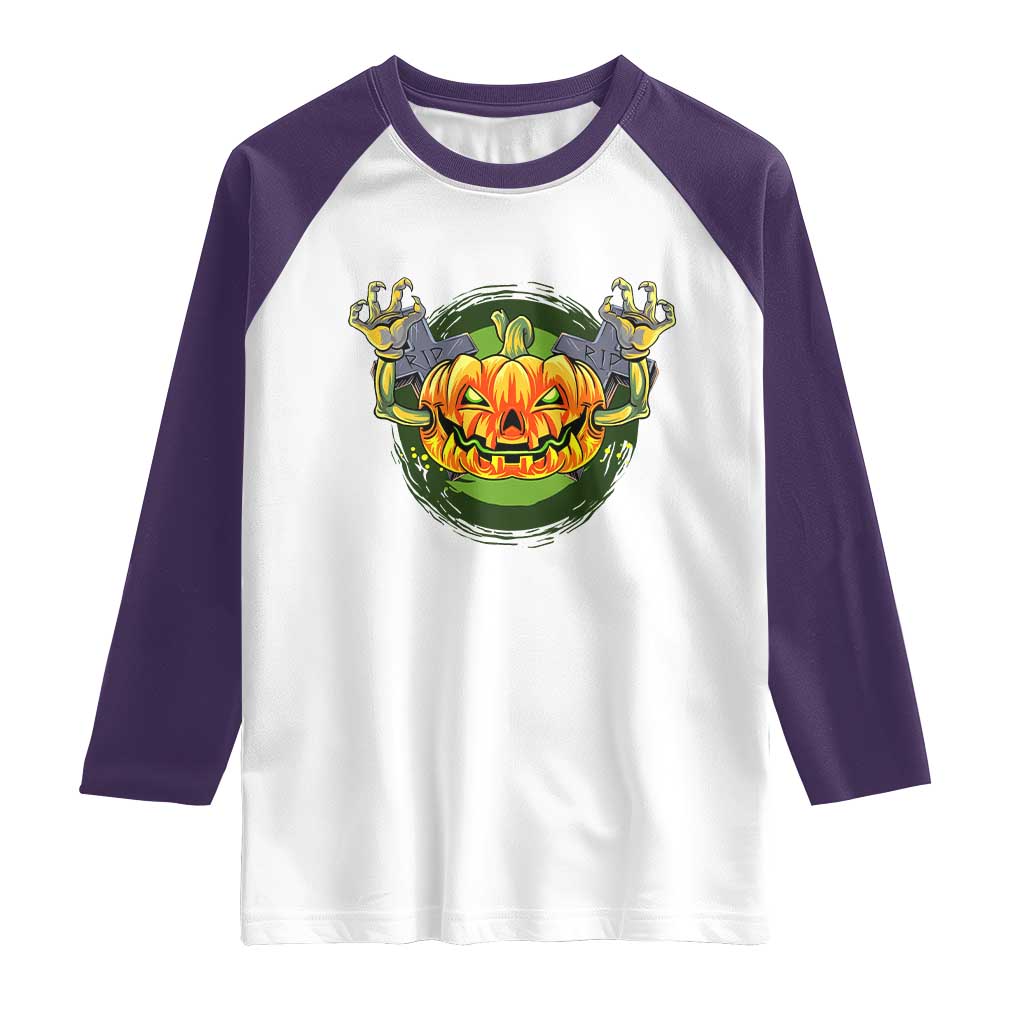 Funny Halloween Pumpkin Ghoul Raglan Shirt Scary Zombie Hands - Wonder Print Shop