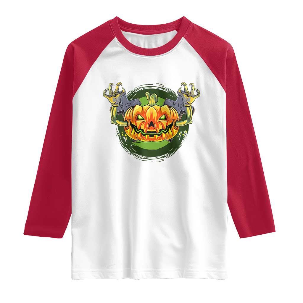 Funny Halloween Pumpkin Ghoul Raglan Shirt Scary Zombie Hands - Wonder Print Shop