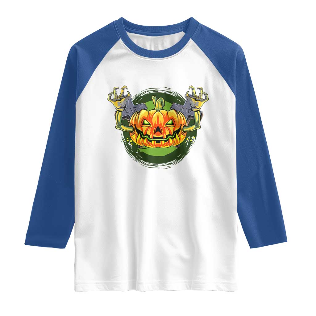 Funny Halloween Pumpkin Ghoul Raglan Shirt Scary Zombie Hands - Wonder Print Shop