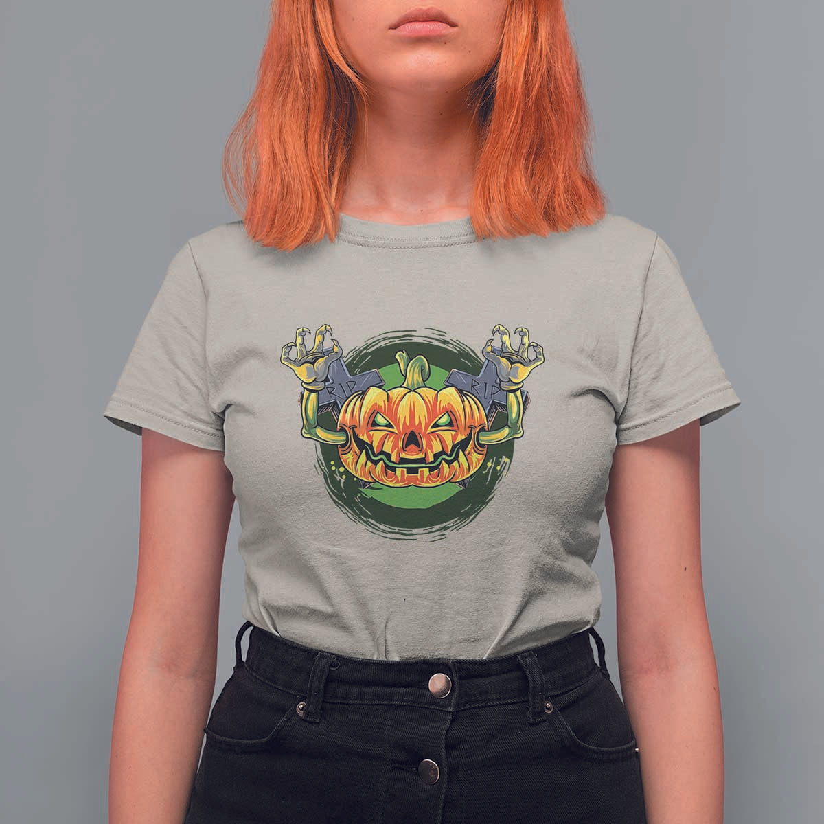 Funny Halloween Pumpkin Ghoul T Shirt For Women Scary Zombie Hands - Wonder Print Shop