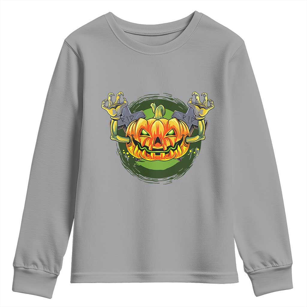 Funny Halloween Pumpkin Ghoul Youth Sweatshirt Scary Zombie Hands - Wonder Print Shop