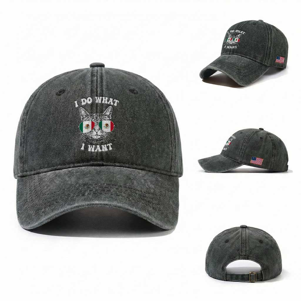 Mexican Cat Washed Cotton Baseball Cap I Do What I Want Mexico Flag Sunglasses Funny