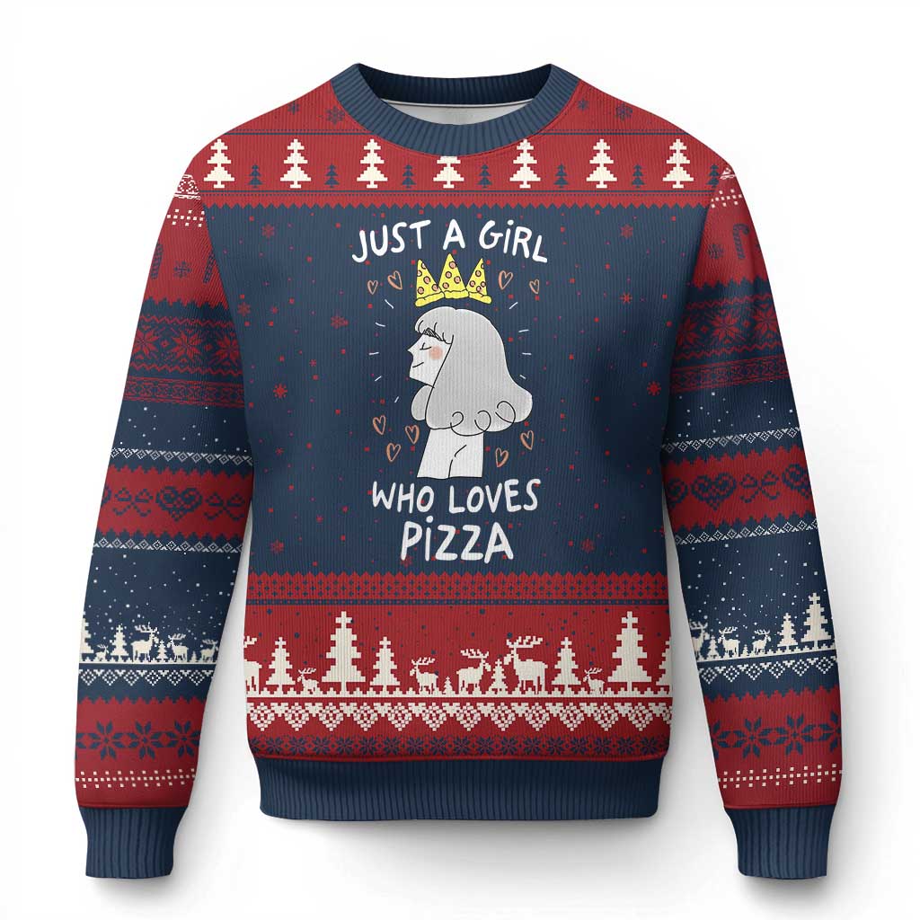 Just A Girl Who Loves Pizza Ugly Christmas Sweater Cute Queen Pizza Crown - Wonder Print Shop
