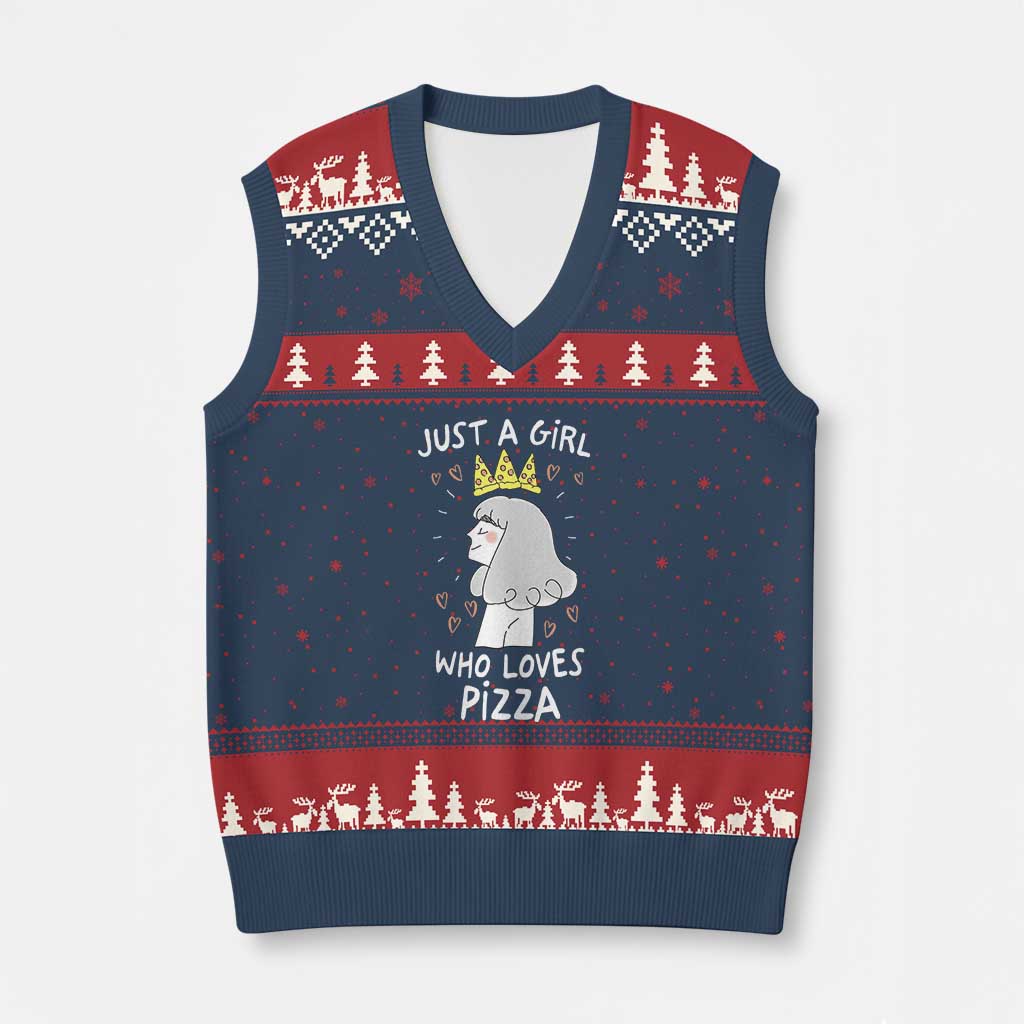 Just A Girl Who Loves Pizza V-Neck Knit Sweater Vest Cute Queen Pizza Crown - Wonder Print Shop