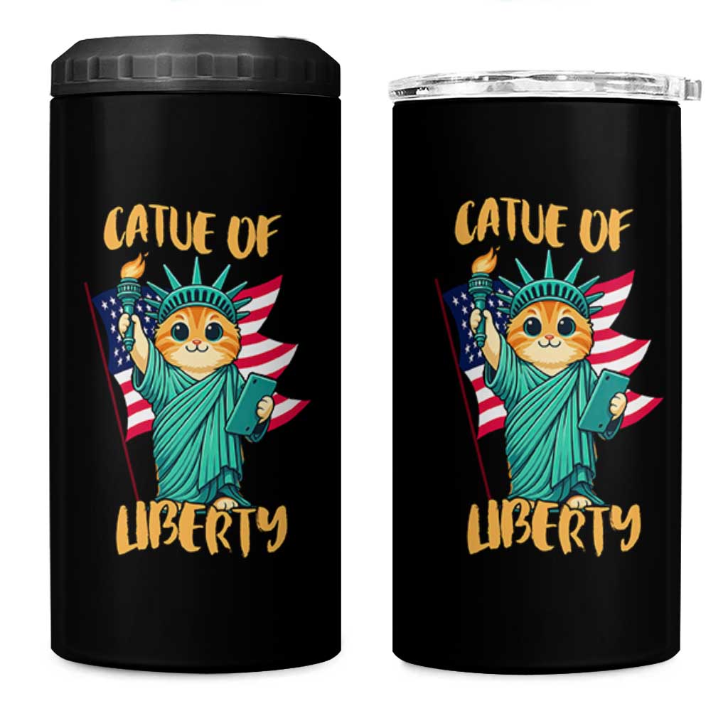 Cat Statue Of Liberty 4 in 1 Can Cooler Tumbler Patriotic American Flag