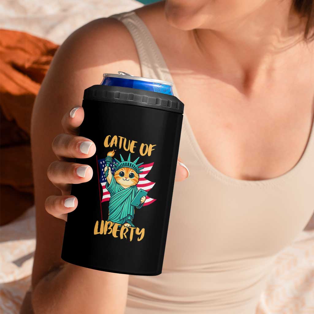 Cat Statue Of Liberty 4 in 1 Can Cooler Tumbler Patriotic American Flag