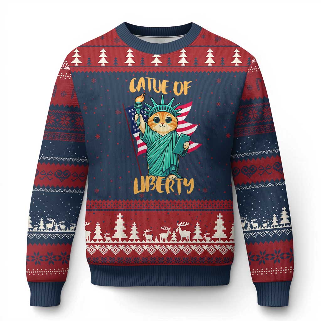 Cat Statue Of Liberty Ugly Christmas Sweater Patriotic American Flag - Wonder Print Shop