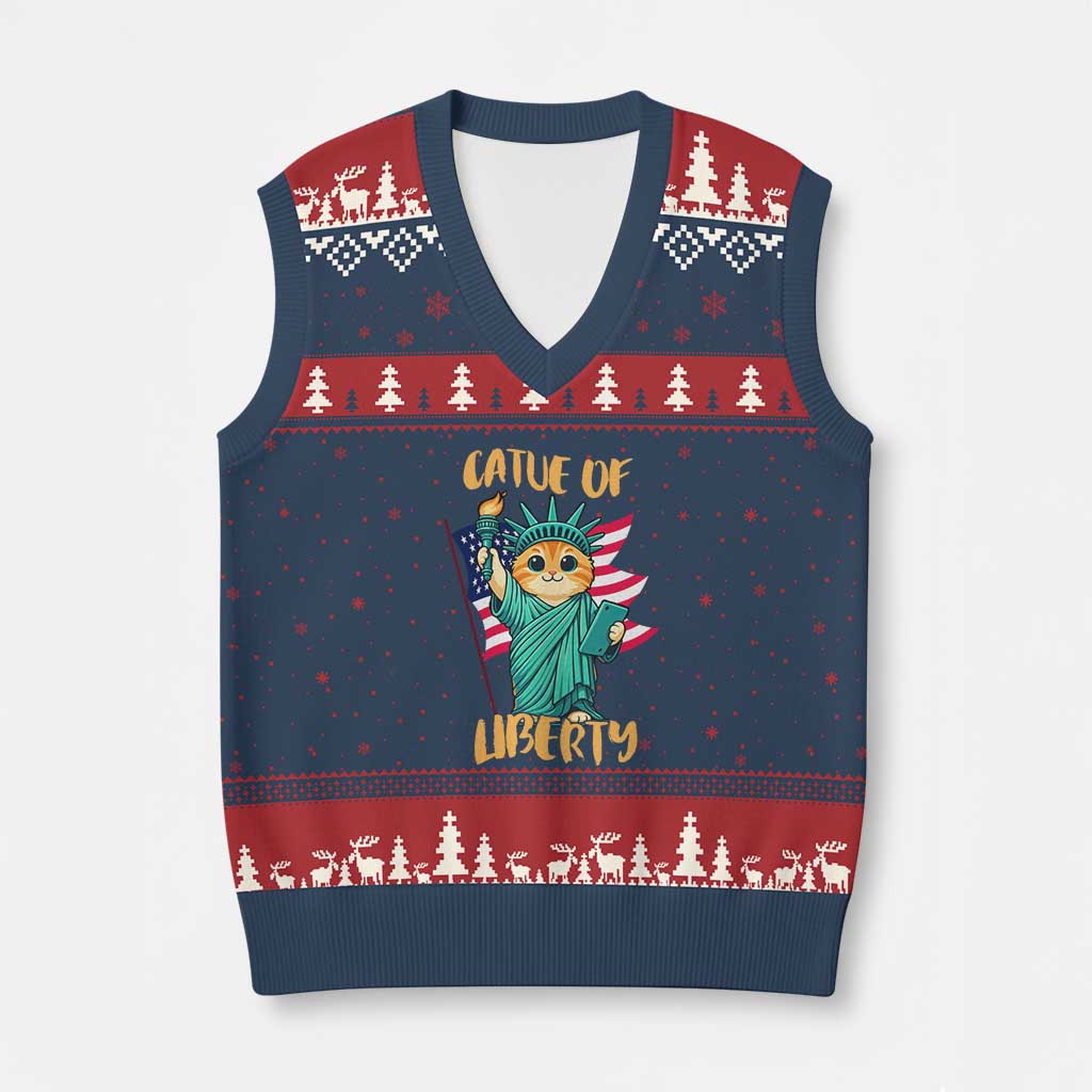 Cat Statue Of Liberty V-Neck Knit Sweater Vest Patriotic American Flag - Wonder Print Shop