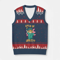 Cat Statue Of Liberty V-Neck Knit Sweater Vest Patriotic American Flag - Wonder Print Shop