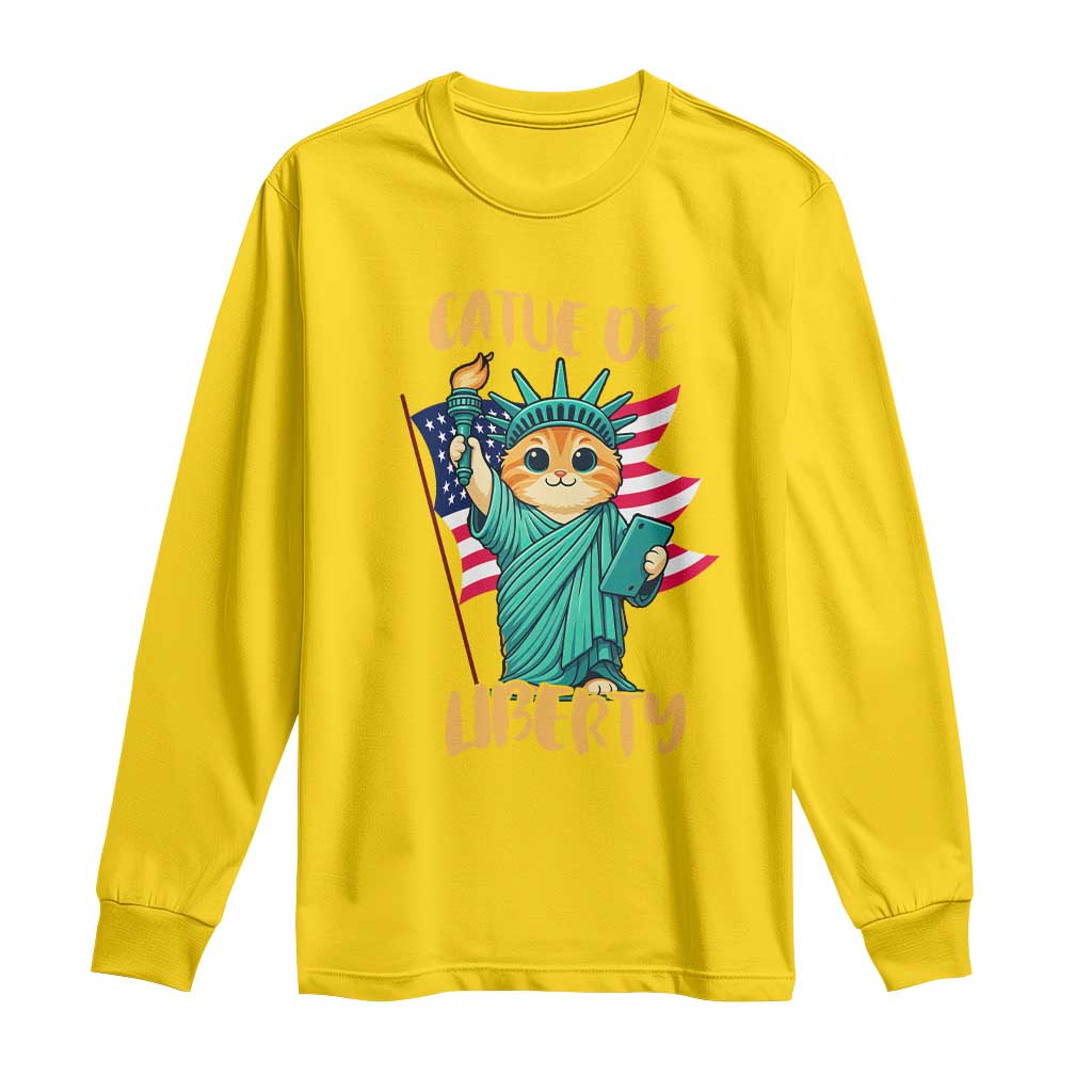 Cat Statue Of Liberty Long Sleeve Shirt Patriotic American Flag - Wonder Print Shop