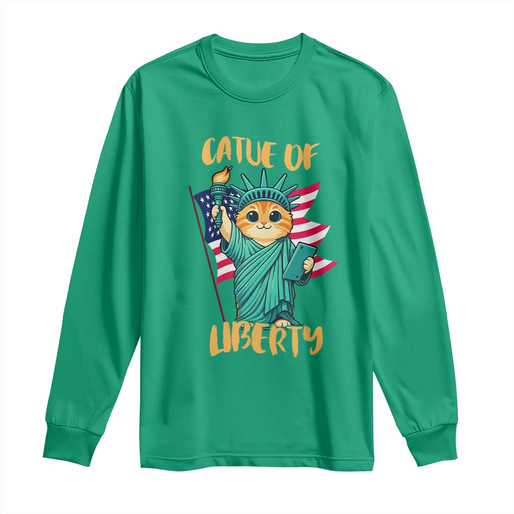 Cat Statue Of Liberty Long Sleeve Shirt Patriotic American Flag - Wonder Print Shop