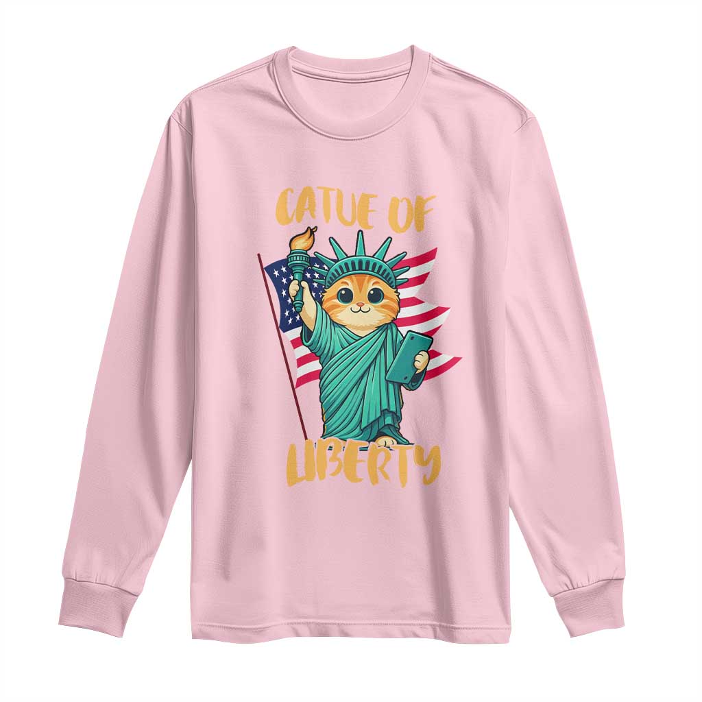 Cat Statue Of Liberty Long Sleeve Shirt Patriotic American Flag - Wonder Print Shop