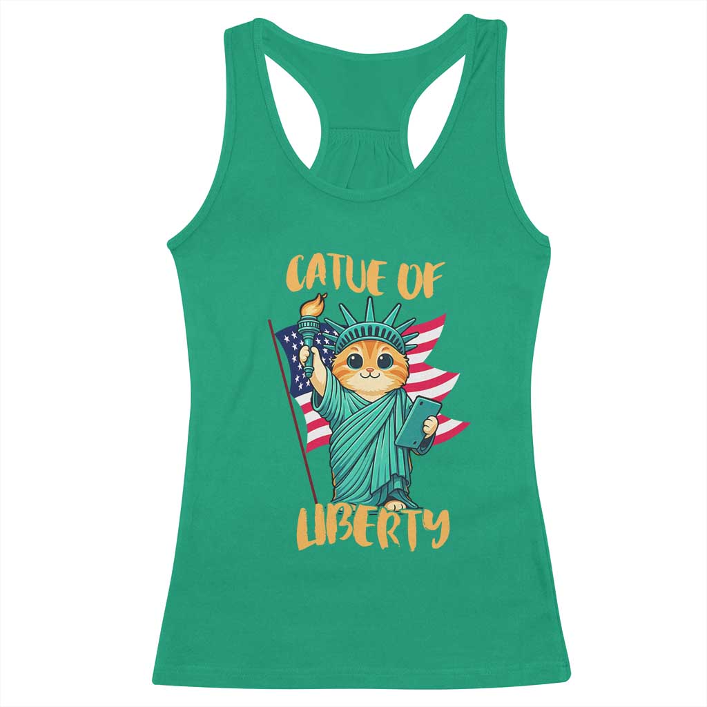 Cat Statue Of Liberty Racerback Tank Top Patriotic American Flag - Wonder Print Shop