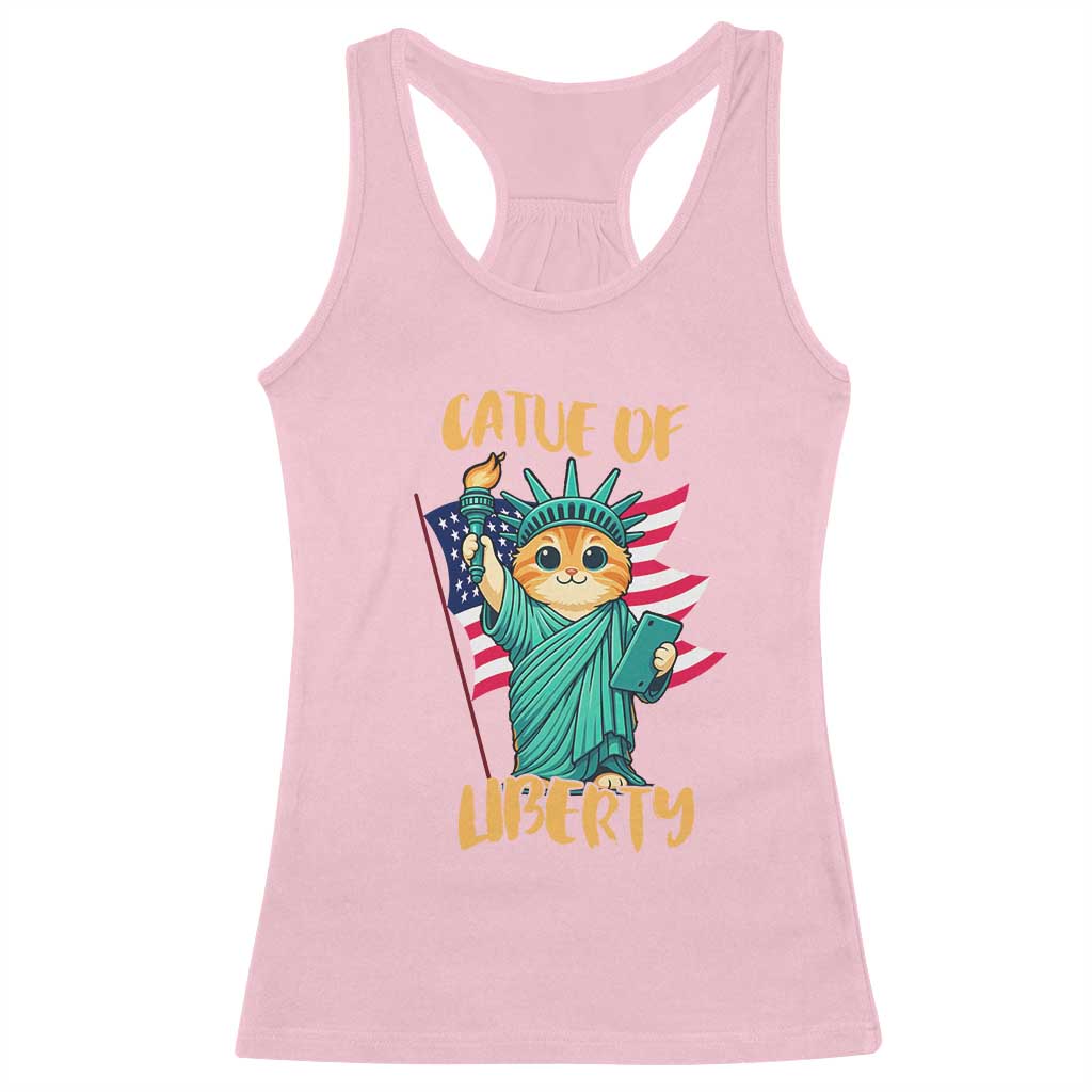 Cat Statue Of Liberty Racerback Tank Top Patriotic American Flag - Wonder Print Shop