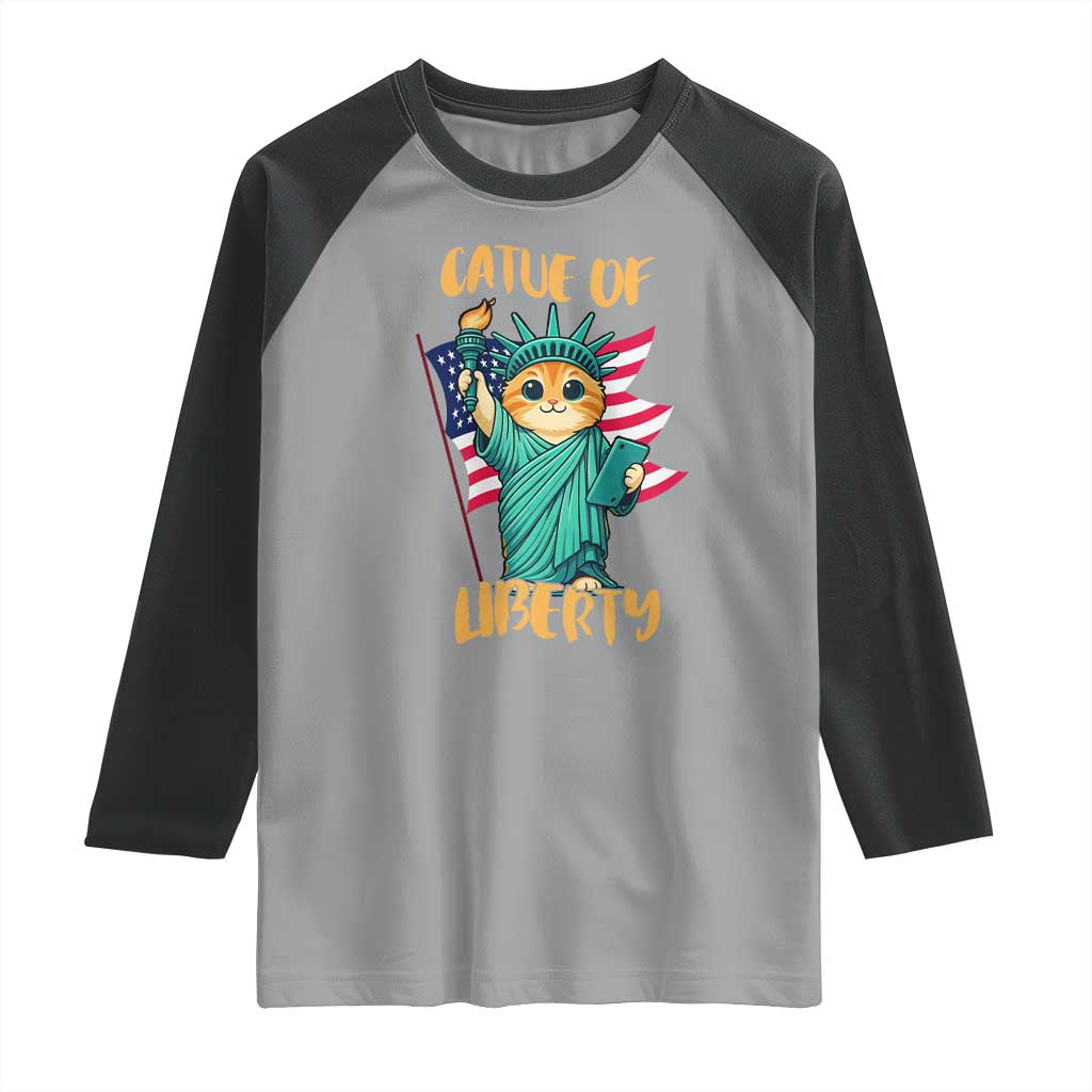 Cat Statue Of Liberty Raglan Shirt Patriotic American Flag - Wonder Print Shop