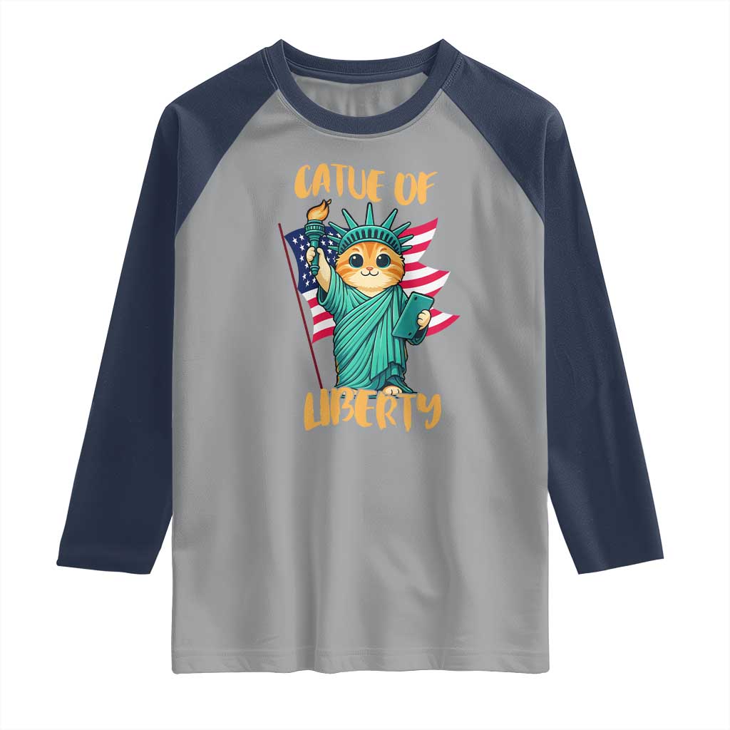 Cat Statue Of Liberty Raglan Shirt Patriotic American Flag - Wonder Print Shop