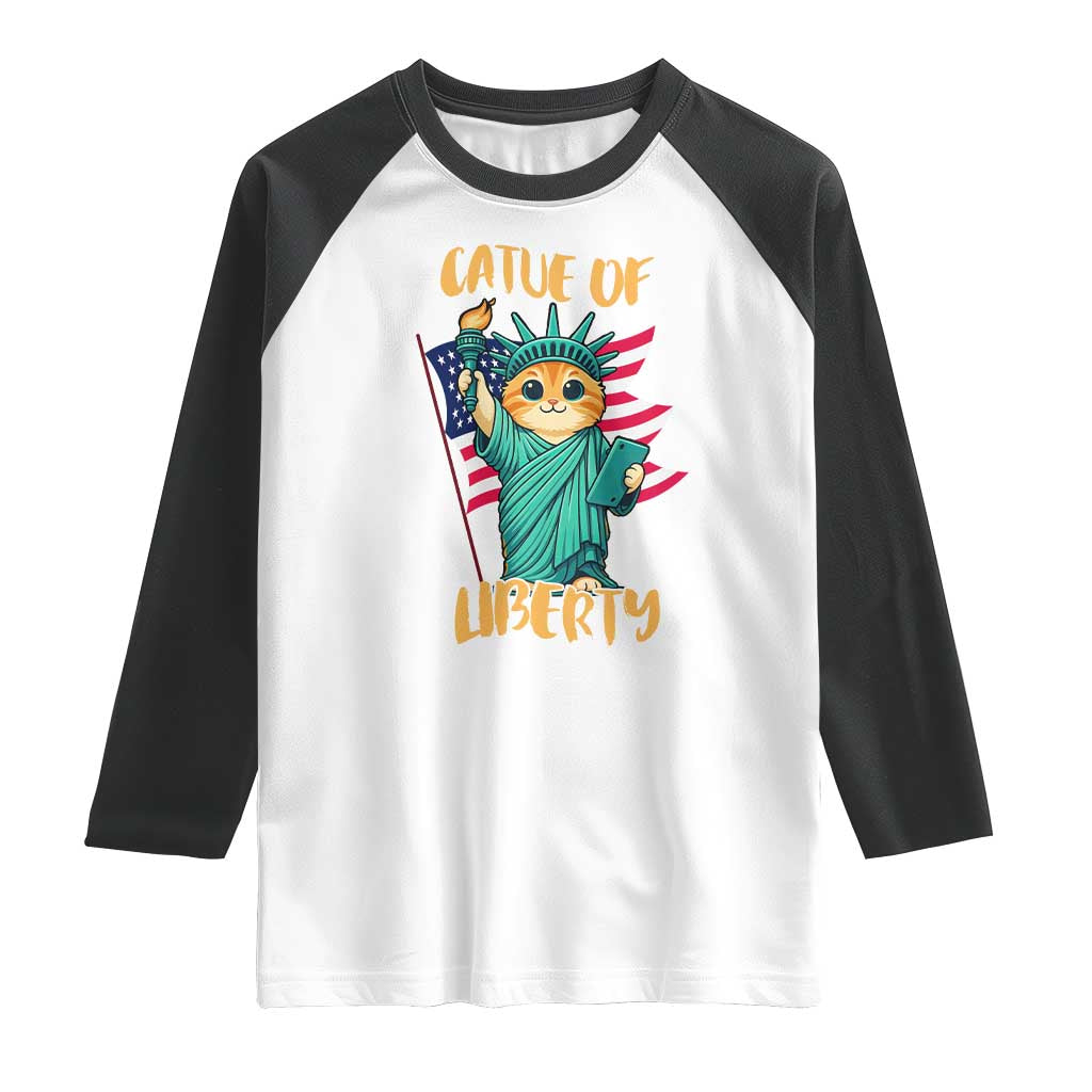 Cat Statue Of Liberty Raglan Shirt Patriotic American Flag - Wonder Print Shop