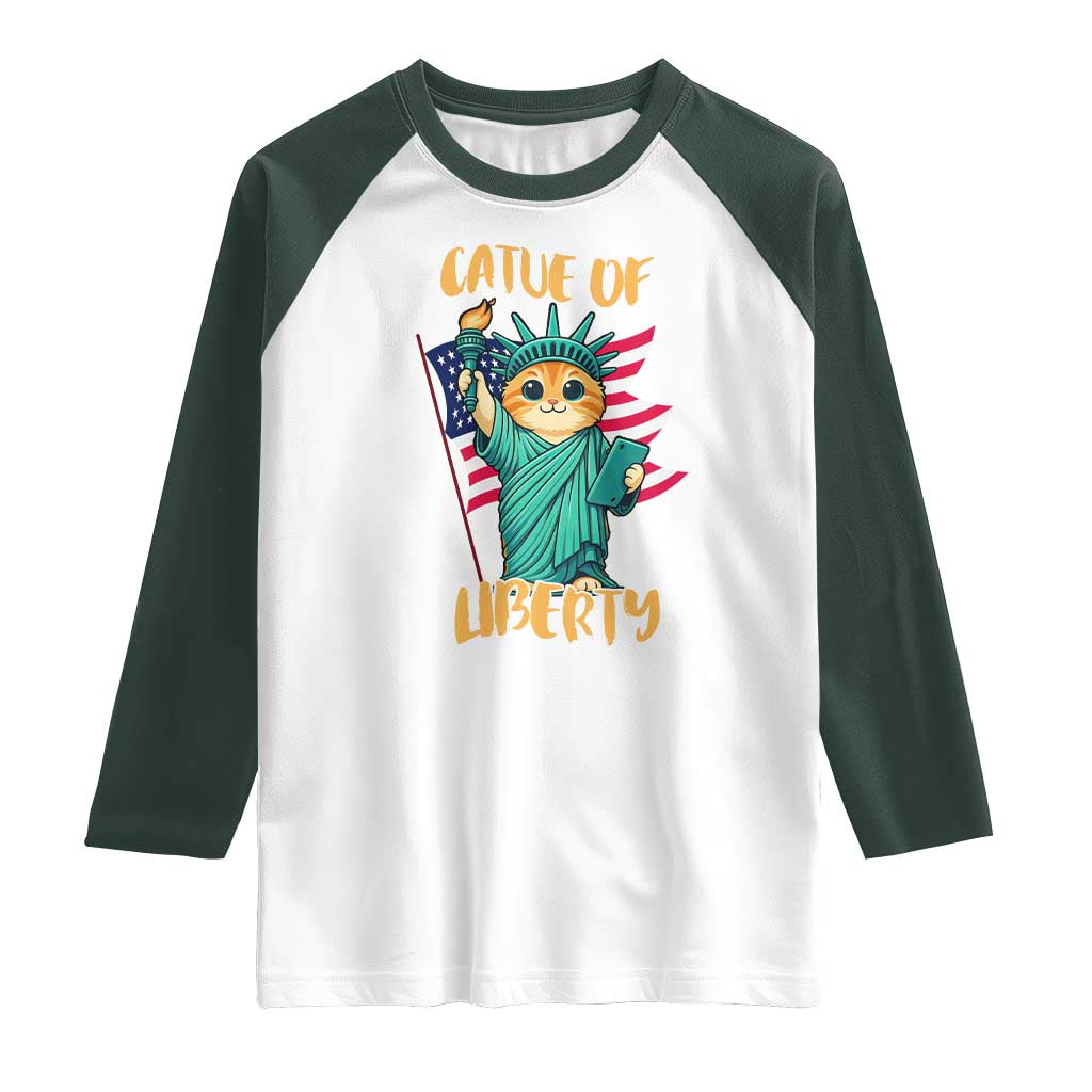 Cat Statue Of Liberty Raglan Shirt Patriotic American Flag - Wonder Print Shop