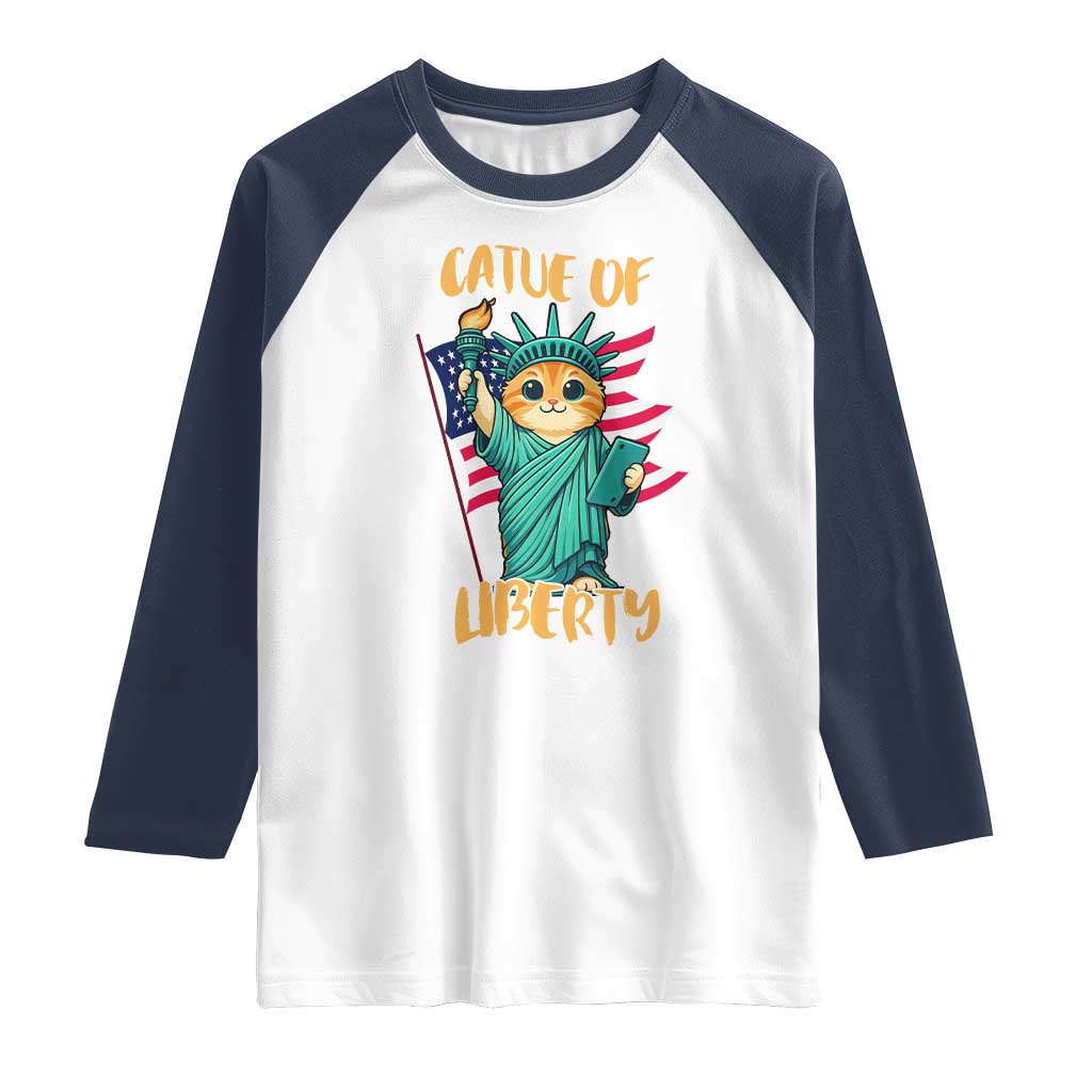 Cat Statue Of Liberty Raglan Shirt Patriotic American Flag - Wonder Print Shop