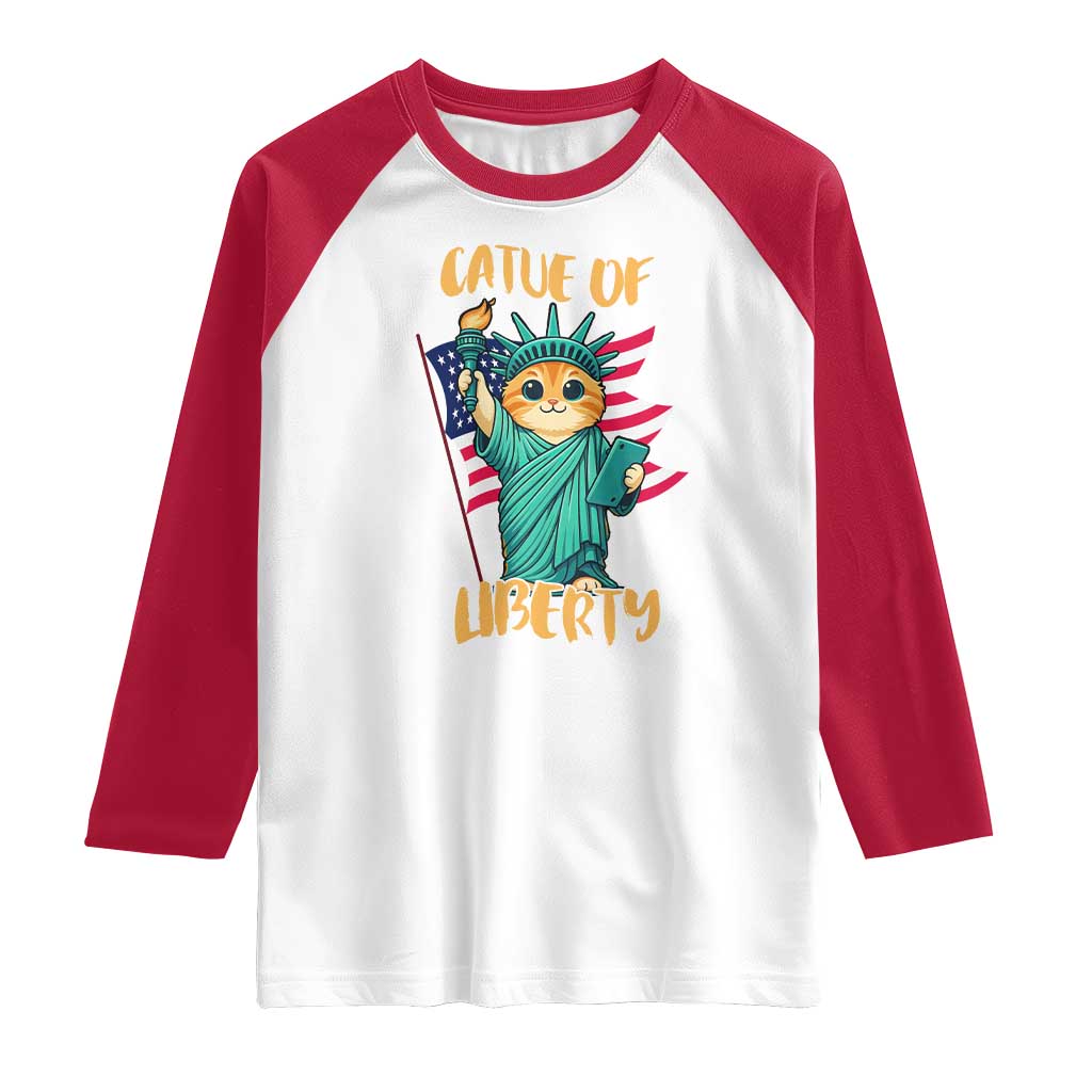 Cat Statue Of Liberty Raglan Shirt Patriotic American Flag - Wonder Print Shop