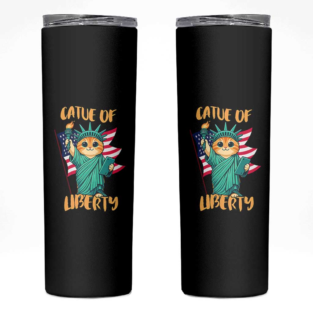 Cat Statue Of Liberty Skinny Tumbler Patriotic American Flag