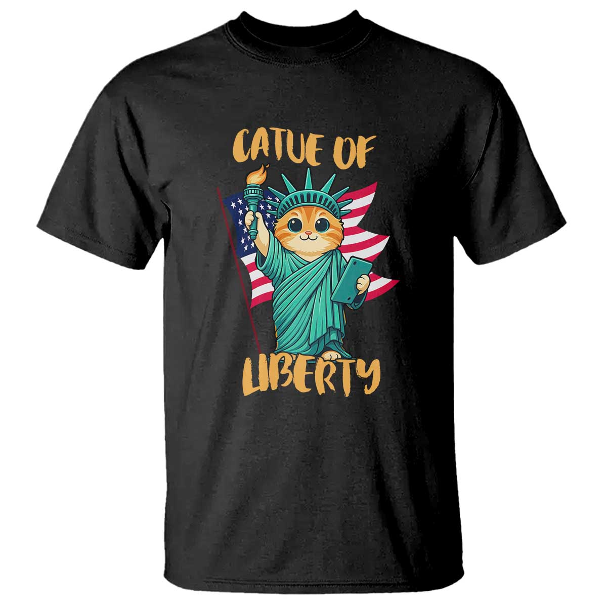 Cat Statue Of Liberty T Shirt Patriotic American Flag - Wonder Print Shop