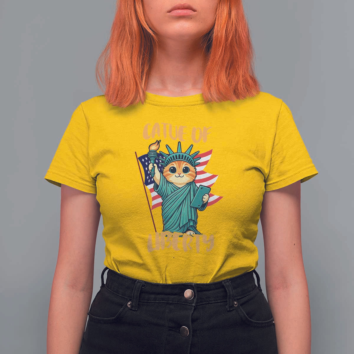 Cat Statue Of Liberty T Shirt For Women Patriotic American Flag - Wonder Print Shop