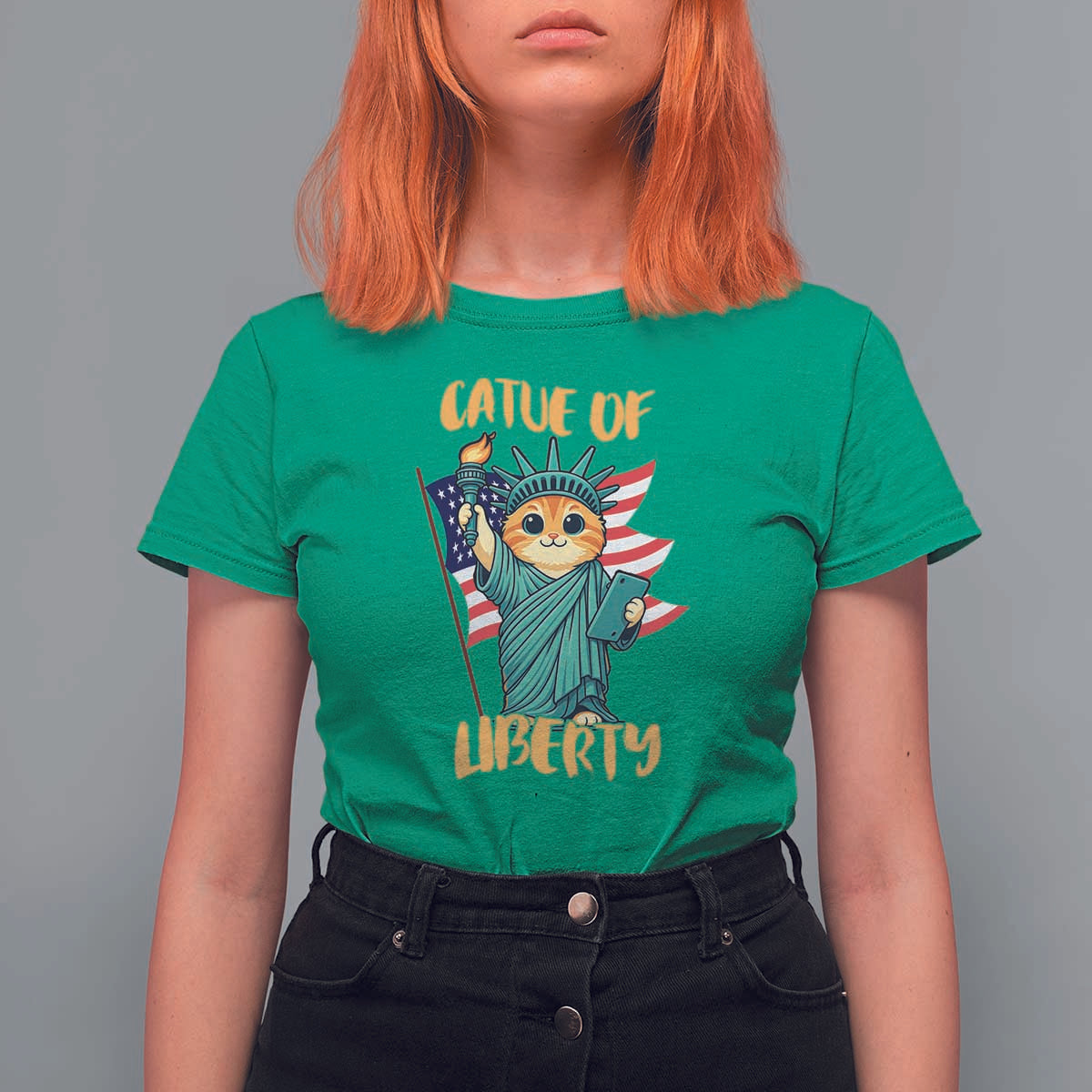 Cat Statue Of Liberty T Shirt For Women Patriotic American Flag - Wonder Print Shop