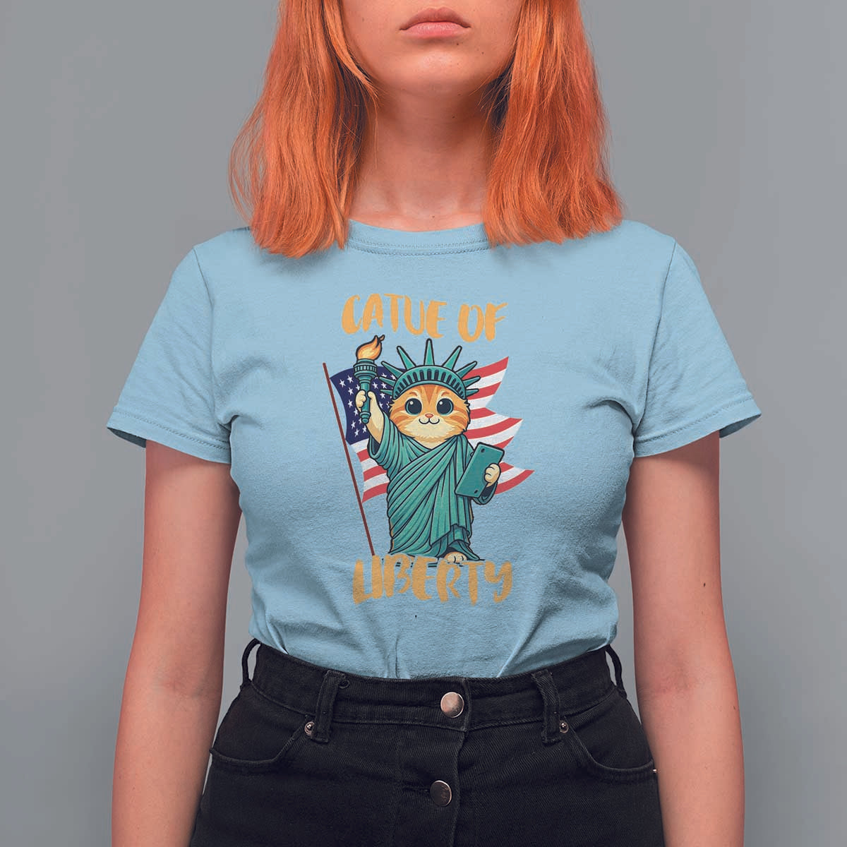 Cat Statue Of Liberty T Shirt For Women Patriotic American Flag - Wonder Print Shop