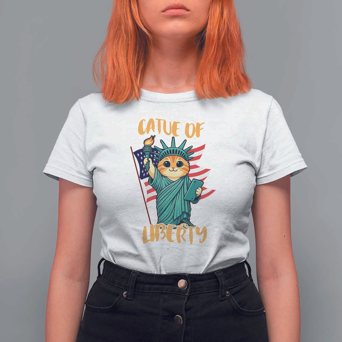 Cat Statue Of Liberty T Shirt For Women Patriotic American Flag - Wonder Print Shop