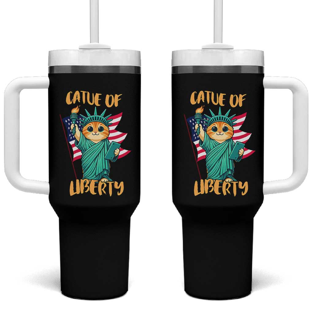 Cat Statue Of Liberty Tumbler With Handle Patriotic American Flag