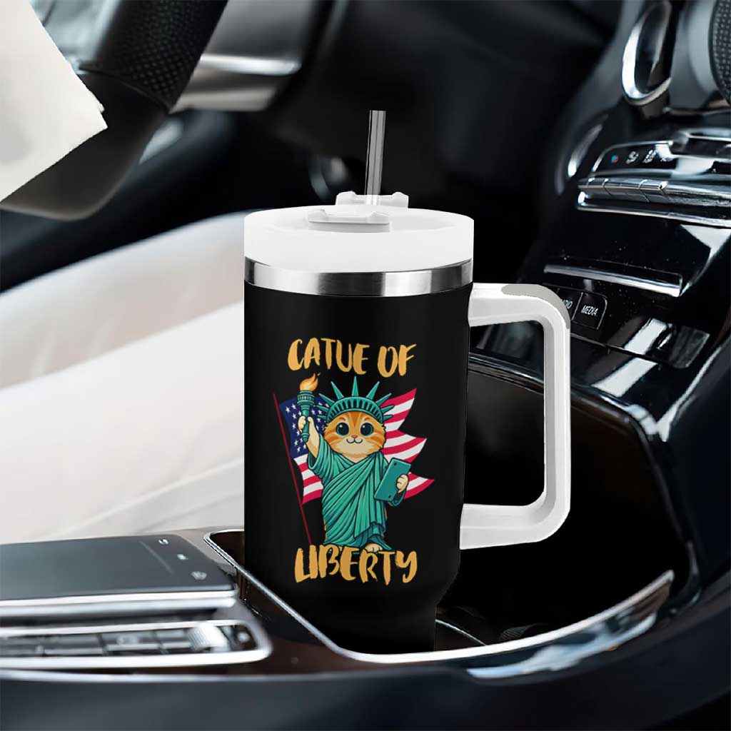Cat Statue Of Liberty Tumbler With Handle Patriotic American Flag